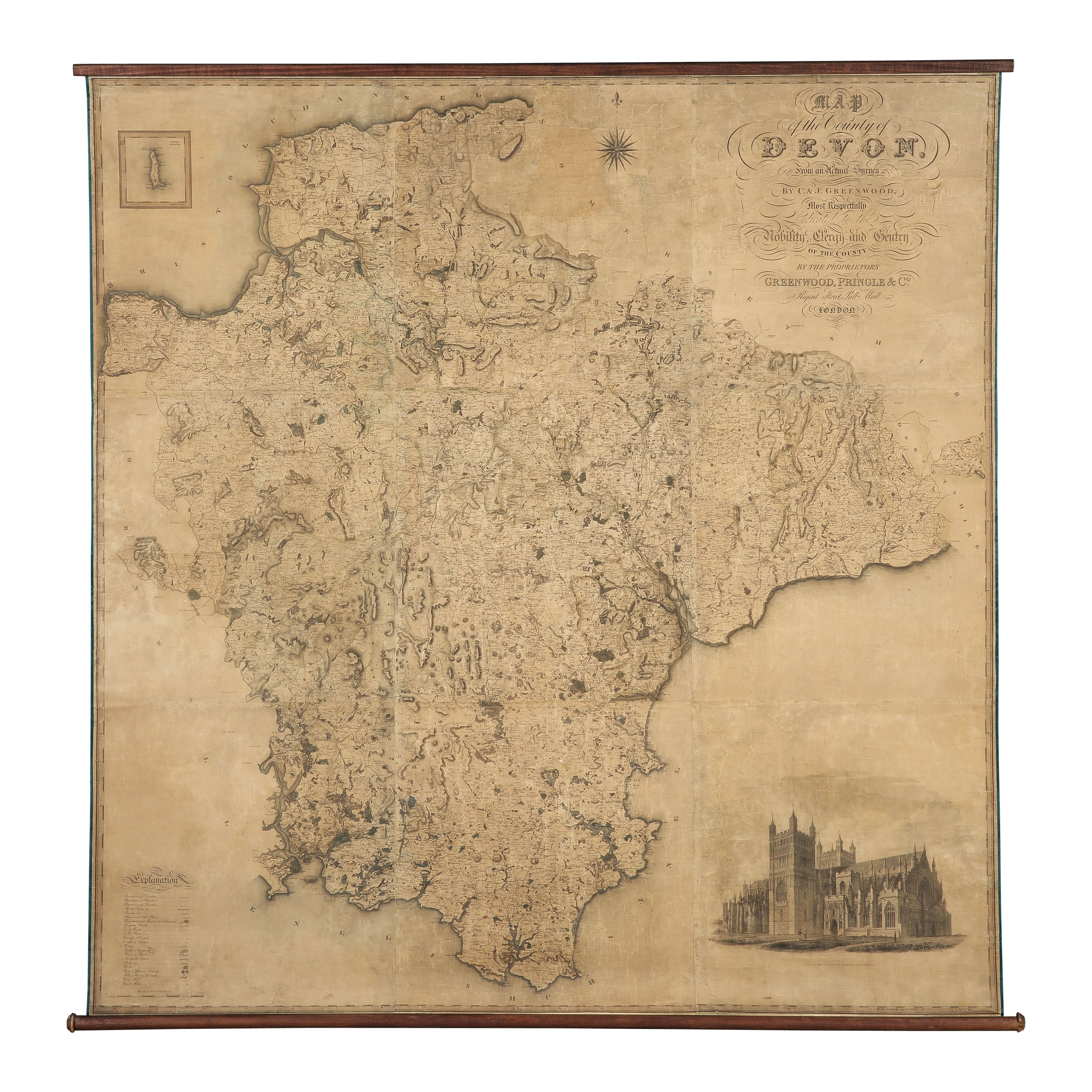 Map Hanging Wall County of Devon C&J Greenwood 1827 Exeter Cathedral Lundy Isle