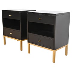 John Stuart Mid-Century Modern Black Lacquer and Brass Nightstands