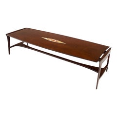 Vintage Oiled Walnut Tile Insert Floating Top Mid-Century Long Surfboard Coffee Table