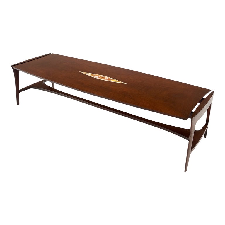 Oiled Walnut Tile Insert Floating Top Mid-Century Long Surfboard Coffee Table For Sale