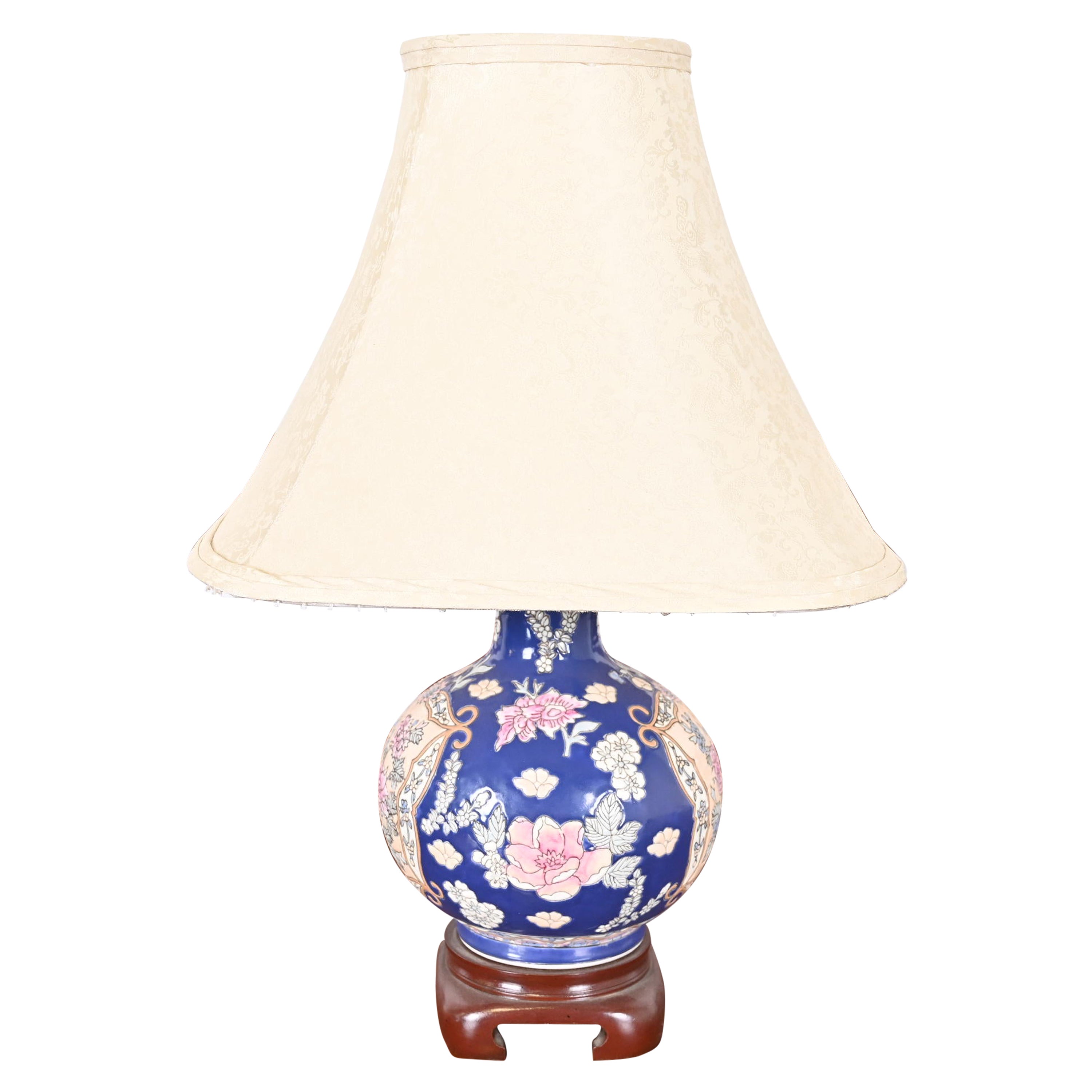 Vintage Hand-Painted Porcelain Chinoiserie Lamp with Shade For Sale