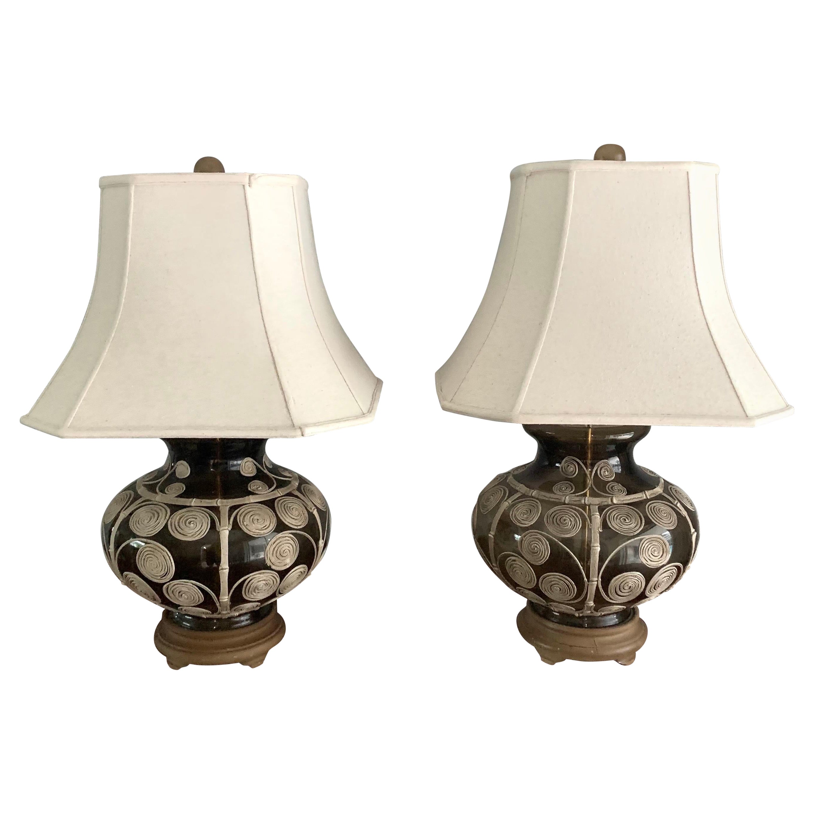 Mid-Century Glass Ginger Jar Lamps with Ceramic Faux Bamboo Detail, Pair For Sale