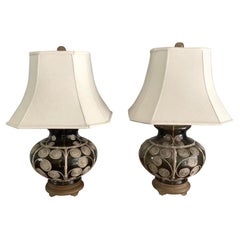 Retro Mid-Century Glass Ginger Jar Lamps with Ceramic Faux Bamboo Detail, Pair