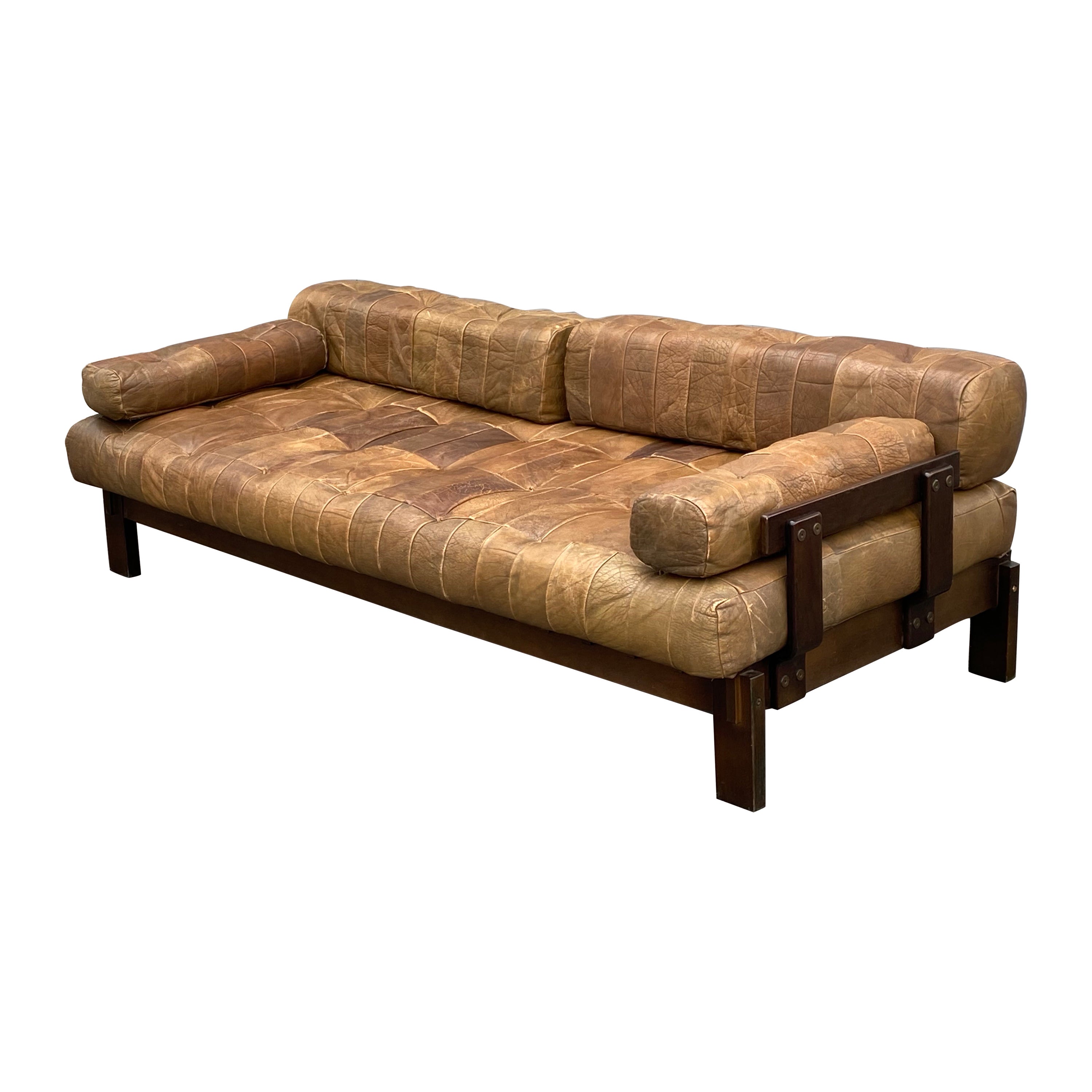 Vintage Leather Patchwork Sofa Daybed, Circa 1970s