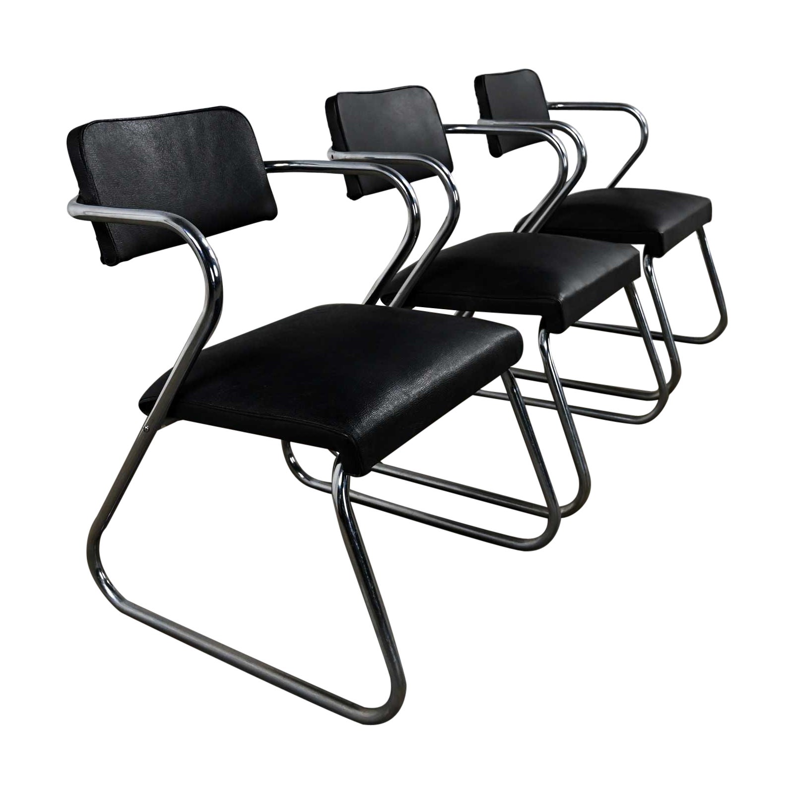 Art Deco Set 3 Chrome Tube & Black Faux Leather Chairs Attr to Kem Weber Z Chair For Sale