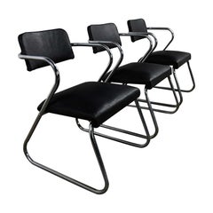 Art Deco Set 3 Chrome Tube & Black Faux Leather Chairs Attr to Kem Weber Z Chair