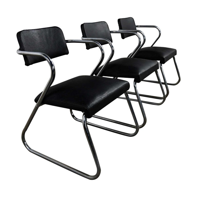 Art Deco Set 3 Chrome Tube and Black Faux Leather Chairs Attr to Kem