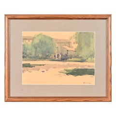 Retro Original Signed Abstract Landscape Framed Watercolor Painting