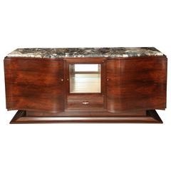 Large French Art Deco Rosewood and Mahogany Sideboard with Marble Top