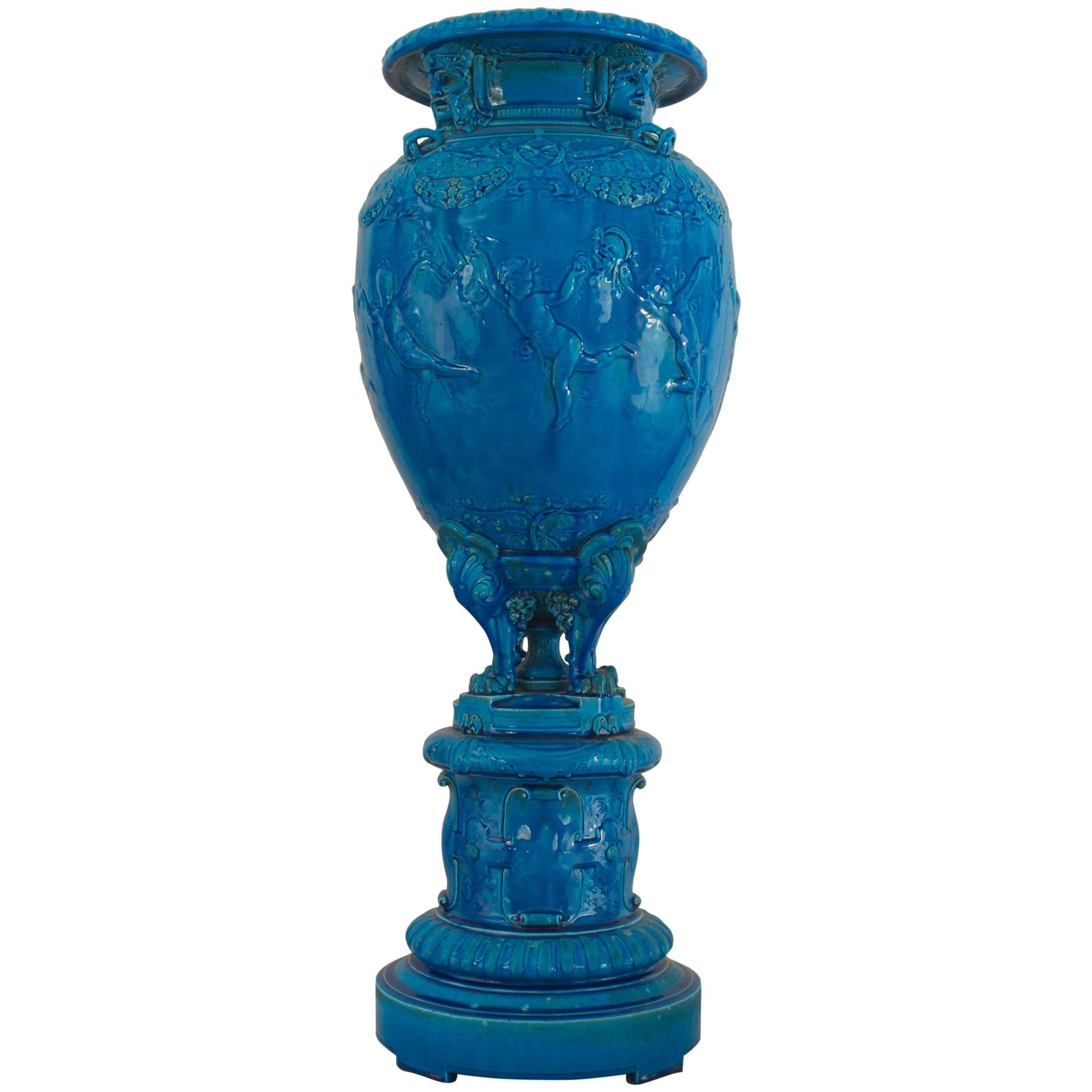 French Victorian Turquoise Sevres Cheret Urn For Sale