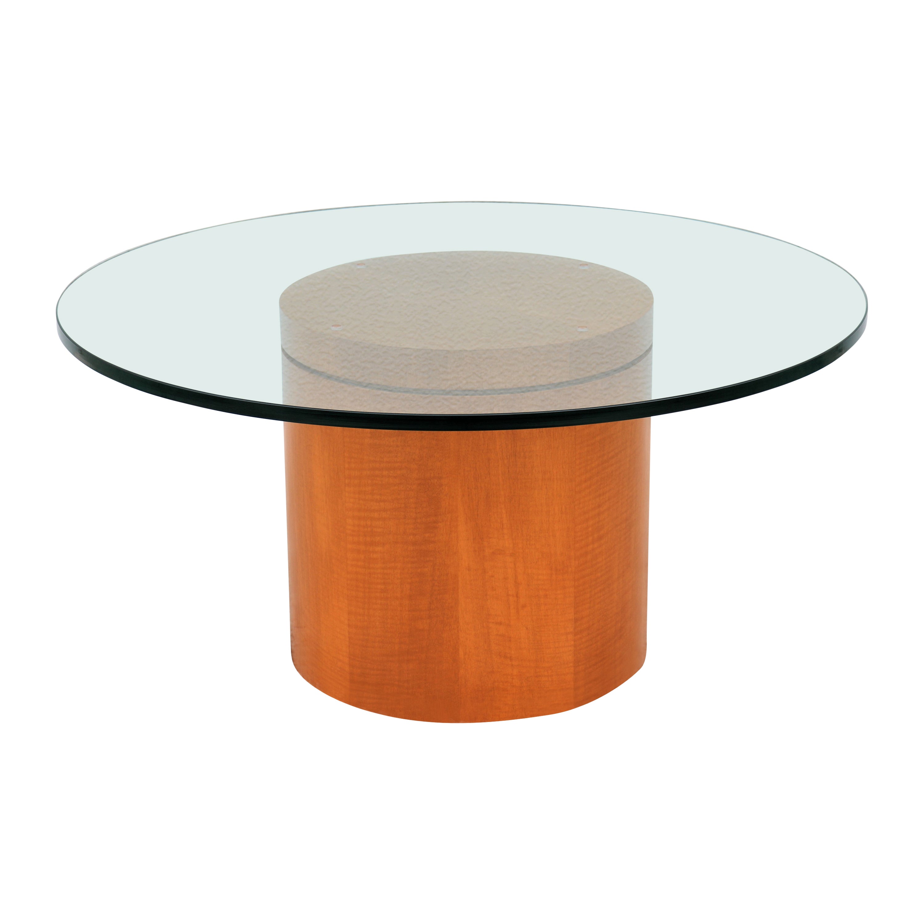 Mid-Century Modern Style 39 in Round Clear Glass Top Drum Wood Base Coffee Table For Sale