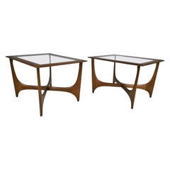 Retro Mid-Century Modern Walnut and Glass End Tables by Lane, Set of 2