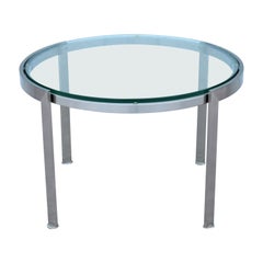 Table basse ronde à plateau en verre transparent de style moderne du milieu du siècle dernier de la série Geiger Metal