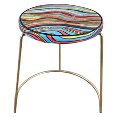 MCM Stool with Round Colorful Vinyl Seat & Brass Plated Steel Asymmetric Base