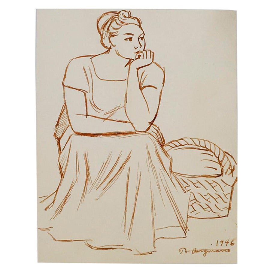  Antique Original Drawing by Raul Anguiano, 1946 For Sale