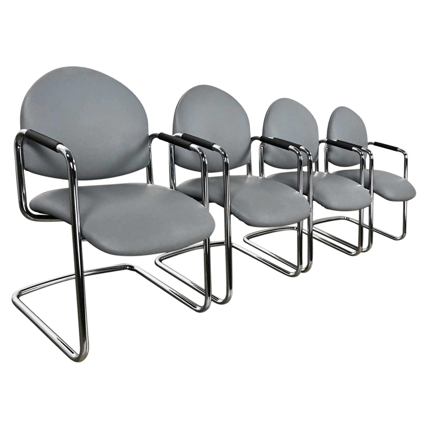Modern Steelcase Chrome Tube Cantilever Base & Gray Faux Leather Chairs set of 4 For Sale