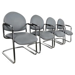 Used Modern Steelcase Chrome Tube Cantilever Base & Gray Faux Leather Chairs set of 4
