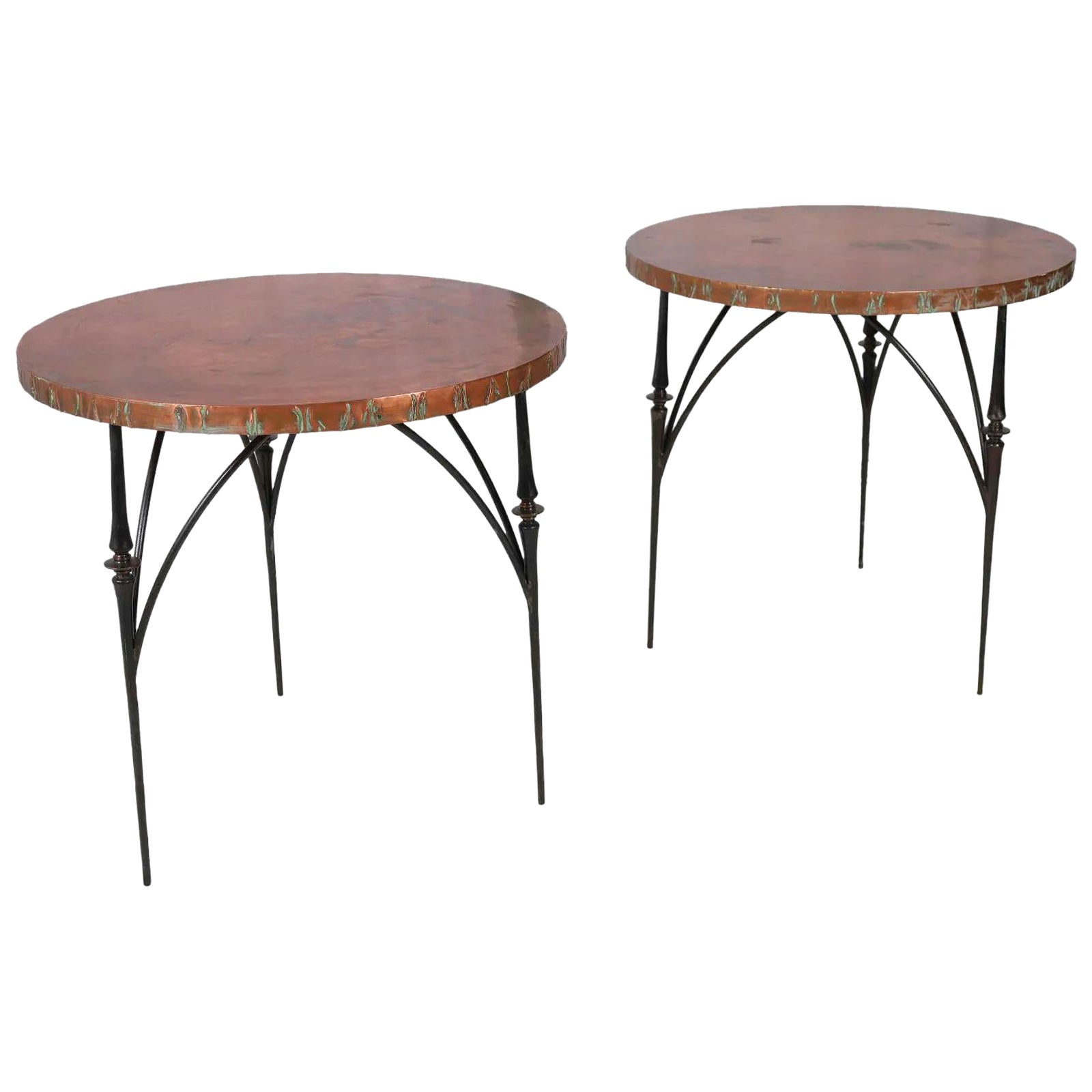 Pair Cast Iron End Tables with Copper Clad Tops by William Sofield For Sale