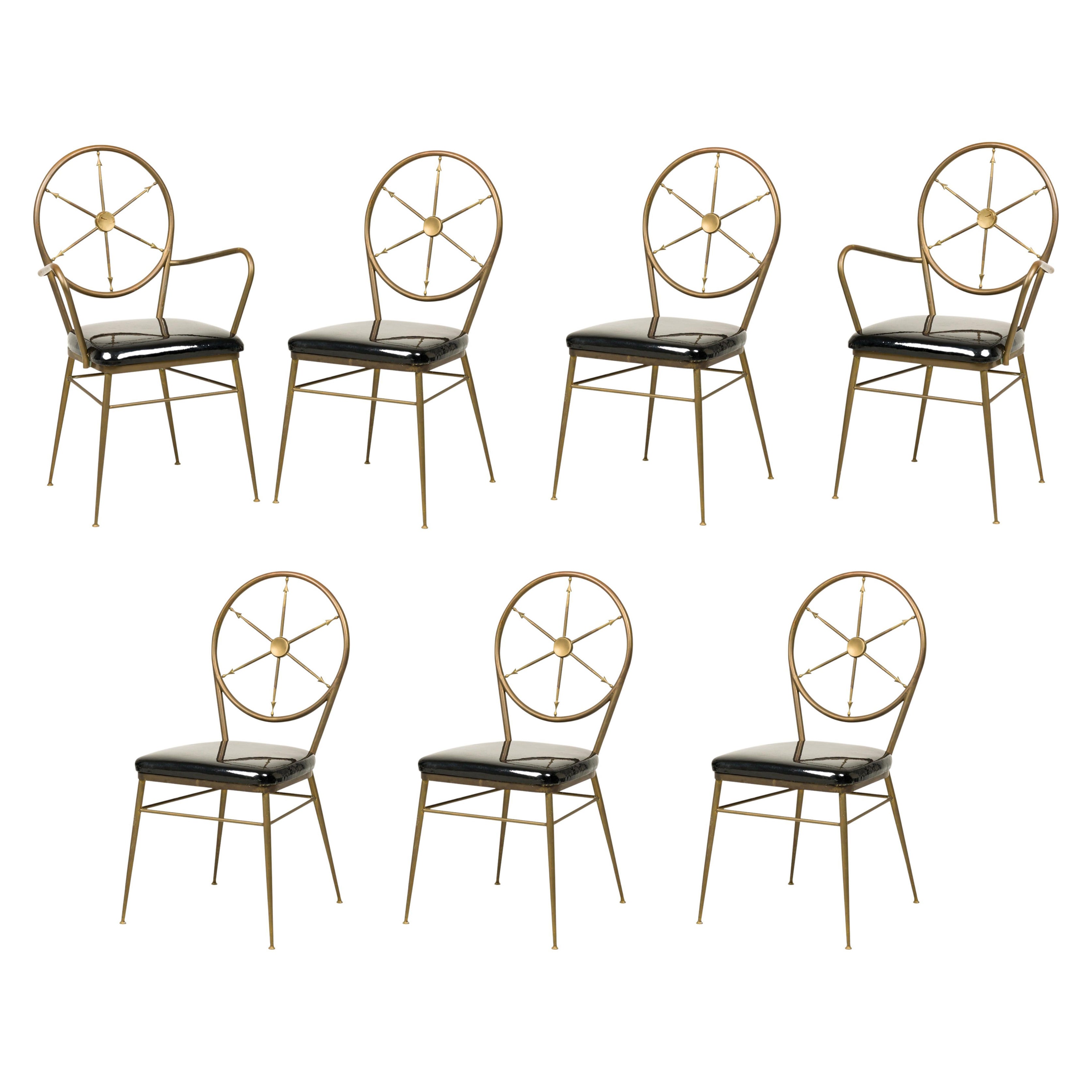 Set of 7  Italian Nautical Brass and Black Patent Leather Chair Set For Sale