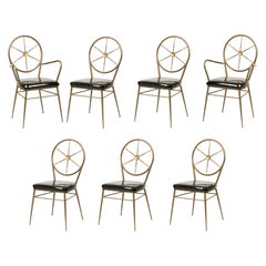 Ensemble de 7 pièces  Ensemble de chaises italiennes en laiton nautique et cuir verni noir