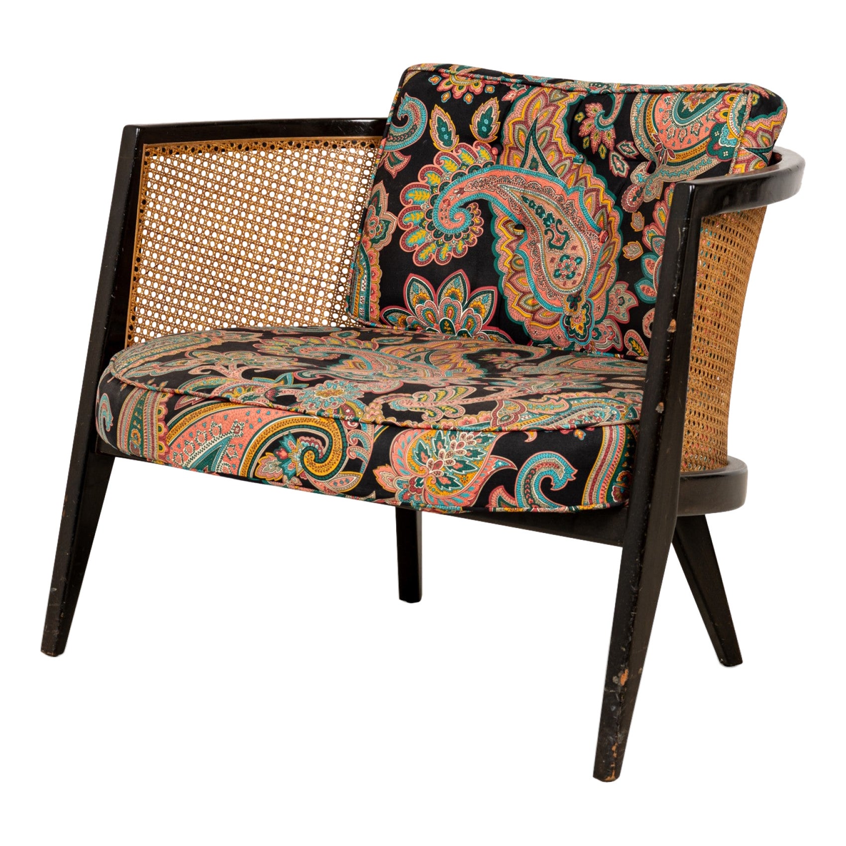 Harvey Probber Wood, Caning, and Paisley Fabric Upholstered Hoop Lounge Chair For Sale