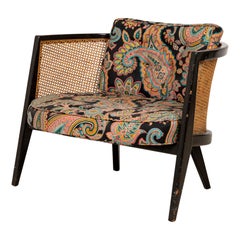 Harvey Probber Wood, Caning, and Paisley Fabric Upholstered Hoop Lounge Chair