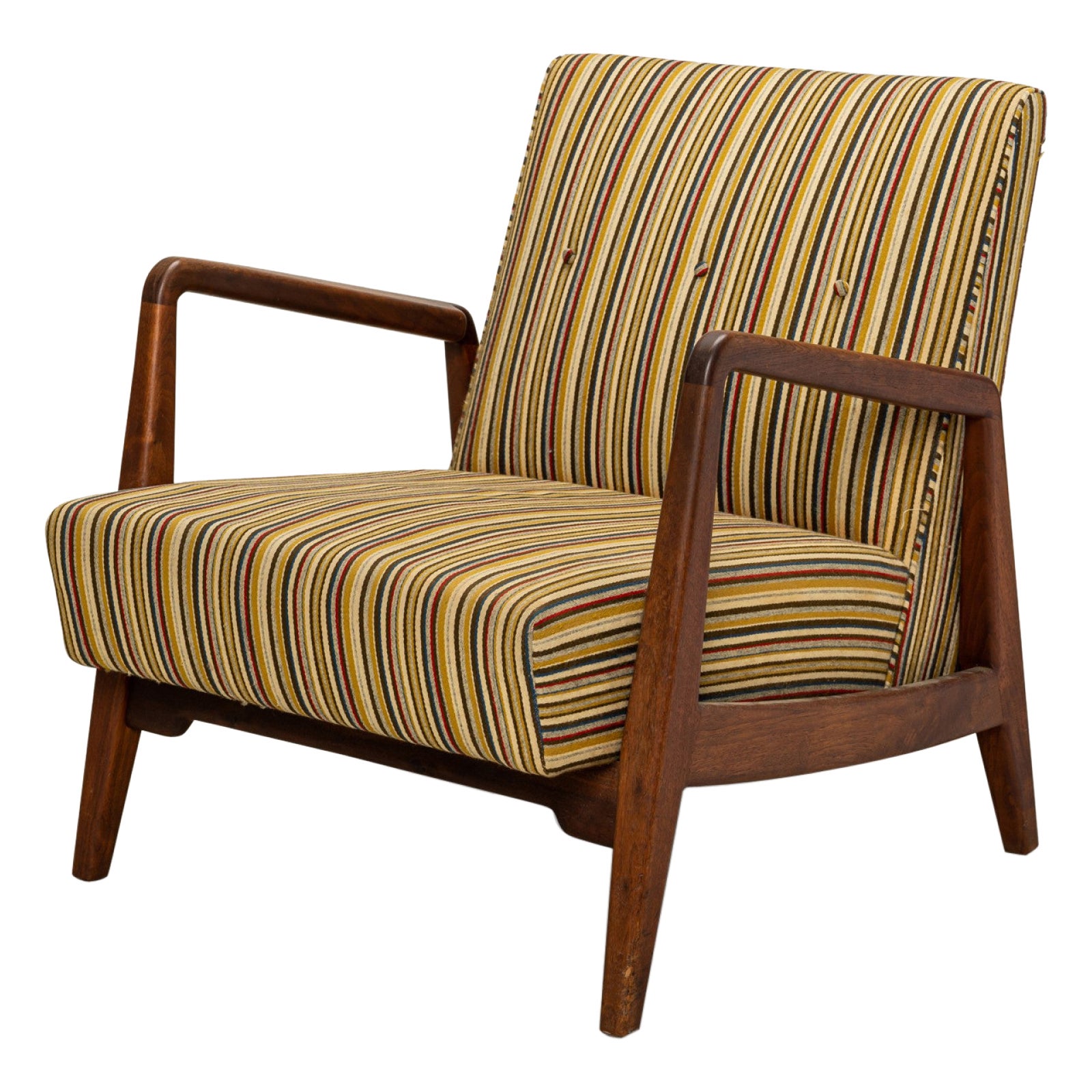 Jens Risom Shaped Teak and Striped Upholstered Lounge Armchair For Sale