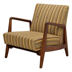 Vintage Jens Risom Shaped Teak and Striped Upholstered Lounge Armchair