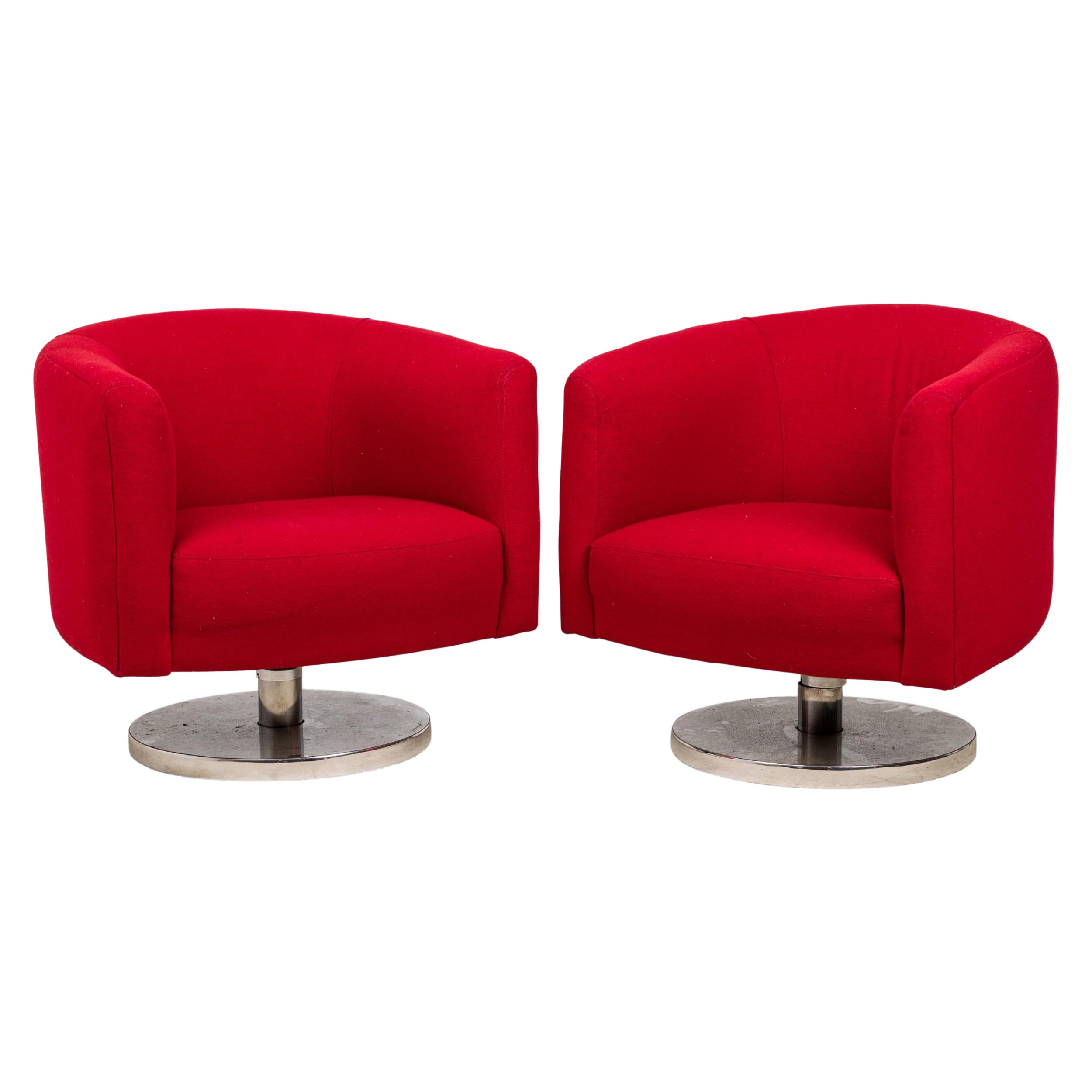 Pair of Milo Baughman Bright Red Upholstered Swivel / Tilt Tub Armchairs For Sale