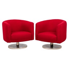 Used Pair of Milo Baughman Bright Red Upholstered Swivel / Tilt Tub Armchairs