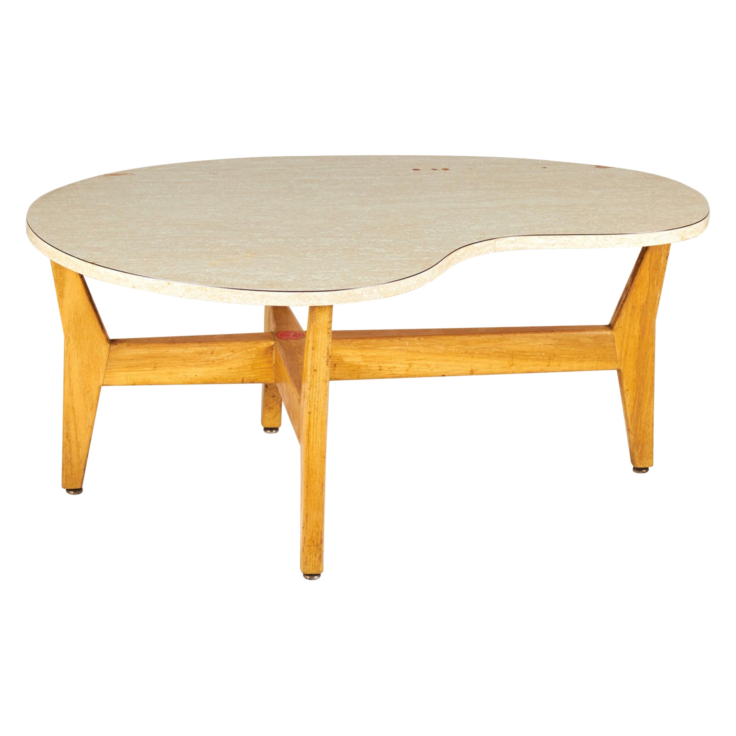 Jens Risom Danés  Mesa de centro / cóctel de mica beige y nogal en forma de riñón en venta