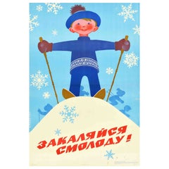 Affiche rétro originale sur la santé soviétique, enfant skiant en URSS, art de bien-être