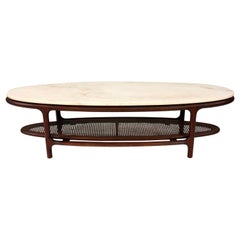 Retro Mid-Century White Marble, Walnut and Cane Surfboard Coffee Table