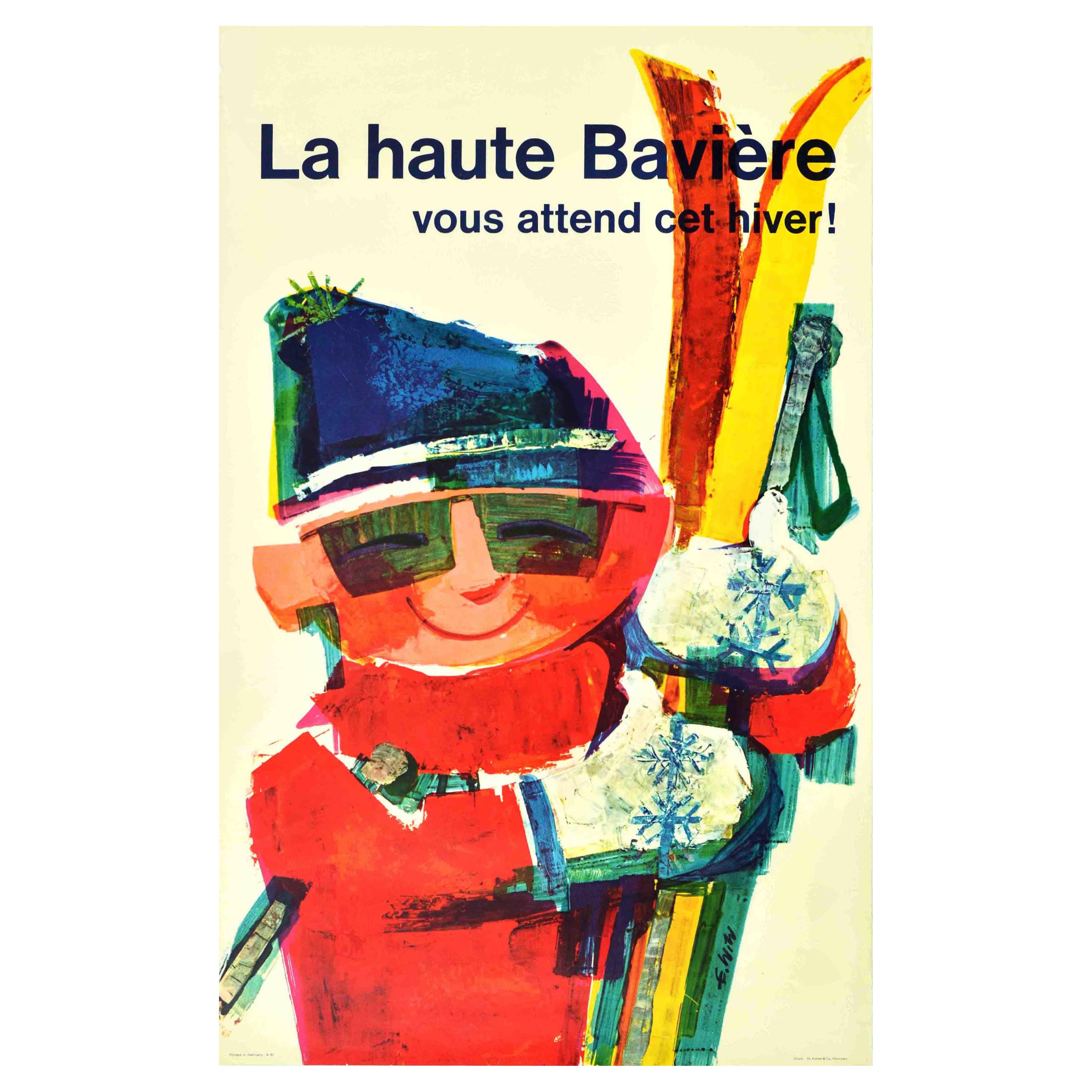 Original Vintage Winter Travel Poster La Haute Baviere Upper Bavaria Skiing Art
