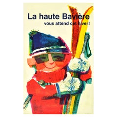 Original Retro Winter Travel Poster La Haute Baviere Upper Bavaria Skiing Art