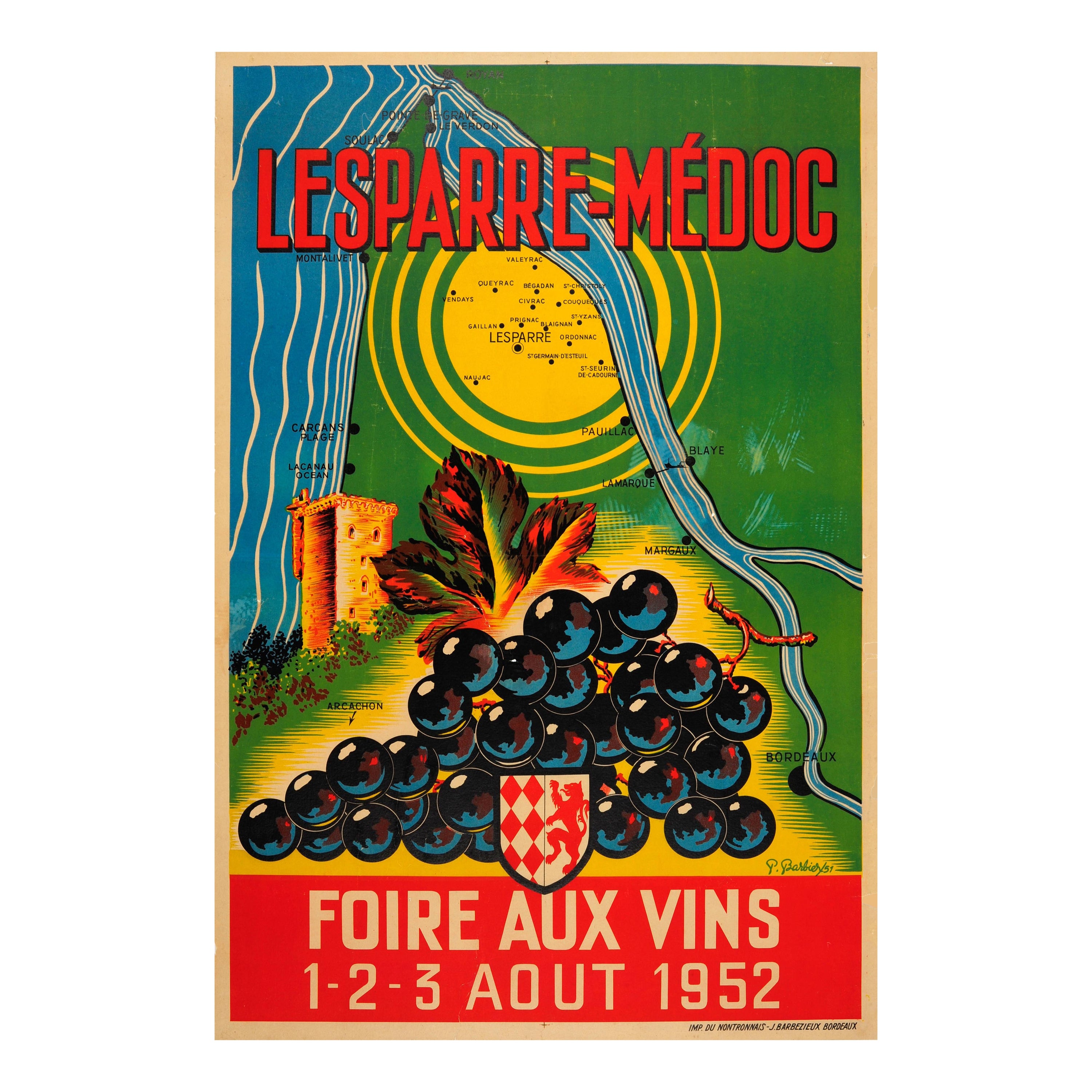 Original Vintage Drink Advertising Poster French Wine Bordeaux Margaux Lesparre For Sale