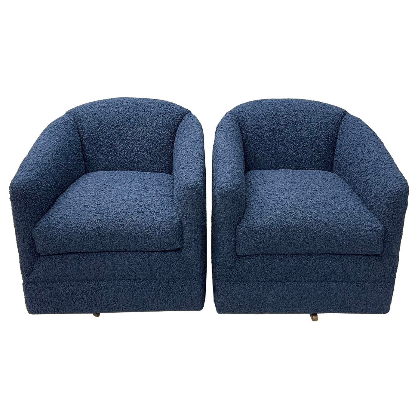 Pair of Mid-Century Modern Blue Boucle Swivel / Barrel Chairs, Edward Ferrell