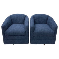 Retro Pair of Mid-Century Modern Blue Boucle Swivel / Barrel Chairs, Edward Ferrell
