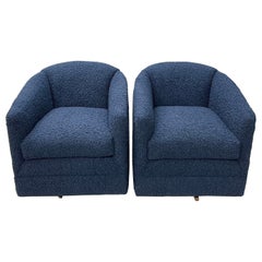 Pair of Mid-Century Modern Blue Boucle Swivel / Barrel Chairs, Edward Ferrell