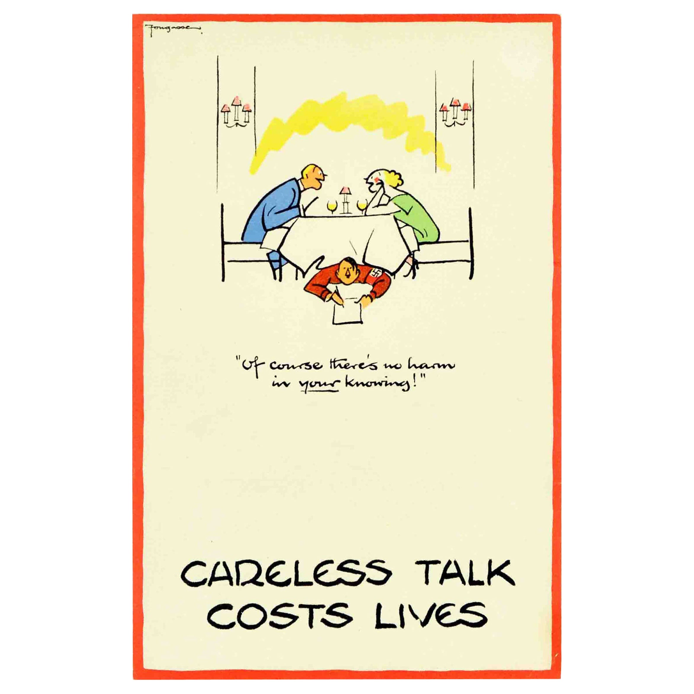 Affiche vintage d'origine de la seconde guerre mondiale « Careless Talk Costs Lives No Harm Hitler Fougasse en vente