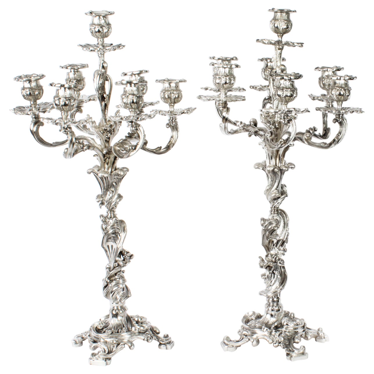 Antique Pair French Rococo Revival 7 Light Silver Plated Candelabra 1920s