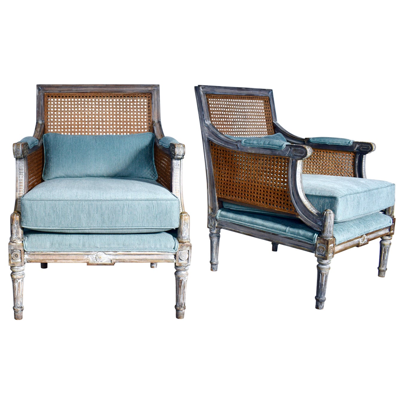 Louis XVI French Style Painted Bergere Chairs, a Pair