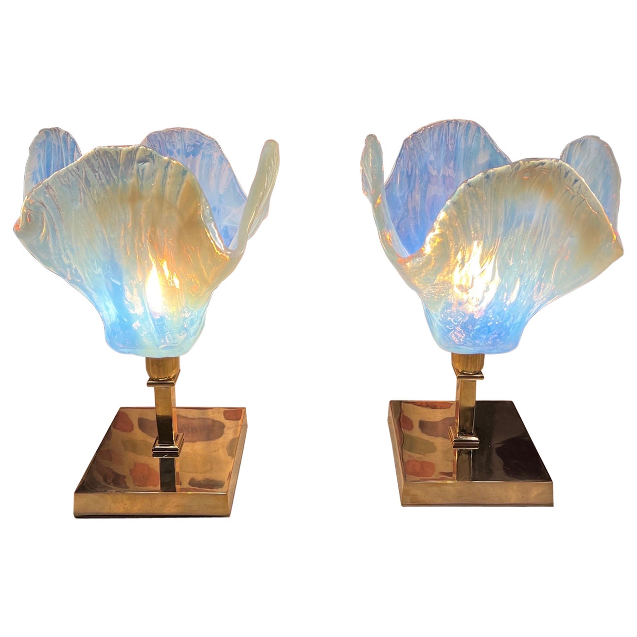 Pair of Vintage Light Blue Murano Glass Flower Table Lamps, 1950s