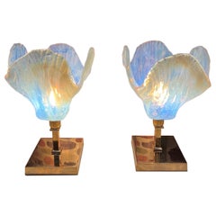 Pair of Vintage Light Blue Murano Glass Flower Table Lamps, 1950s