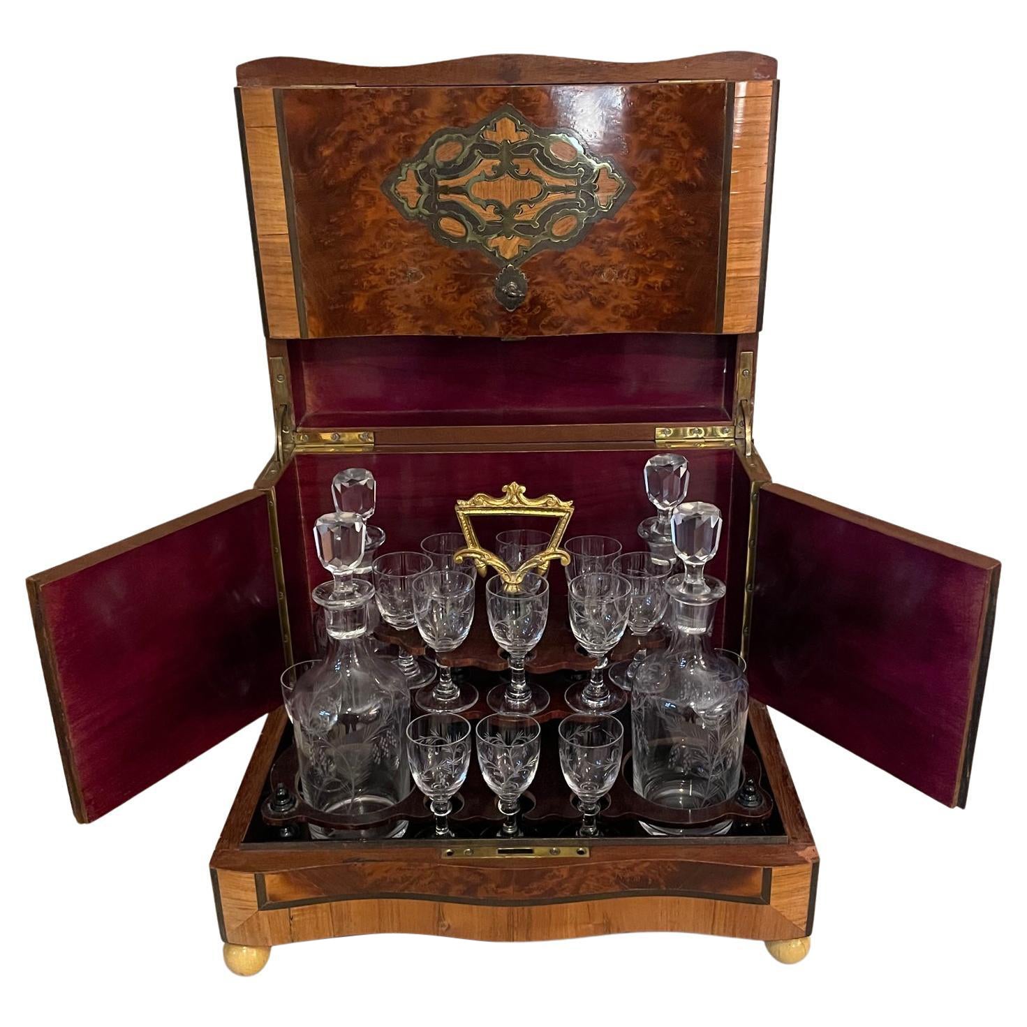 19th Century Napoleon III Walnut Veneer and Brass Marquetry Liquor Cellar For Sale