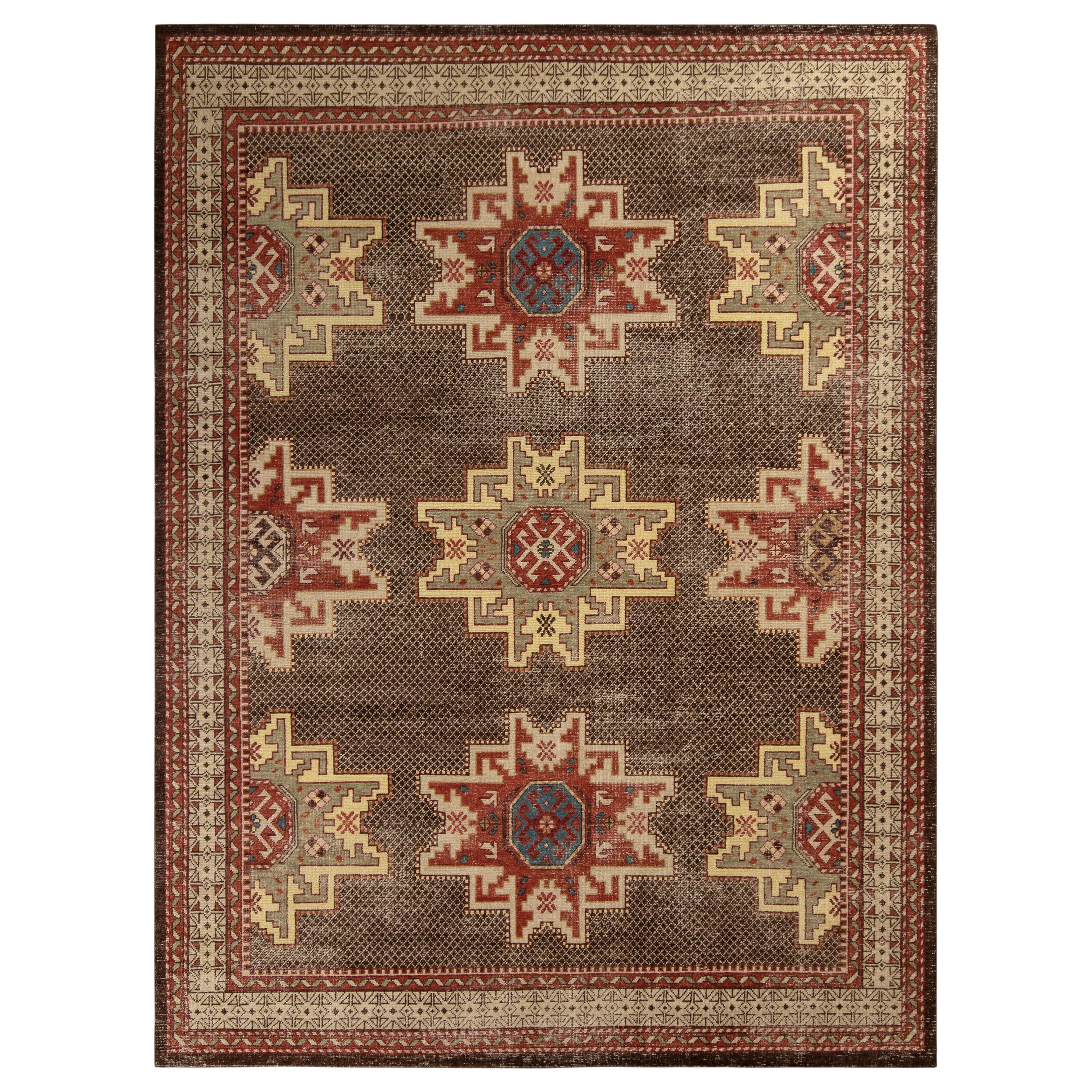 Rug & Kilim’s Distressed Kuba Style Rug in Beige-Brown and Red Geometric Pattern For Sale
