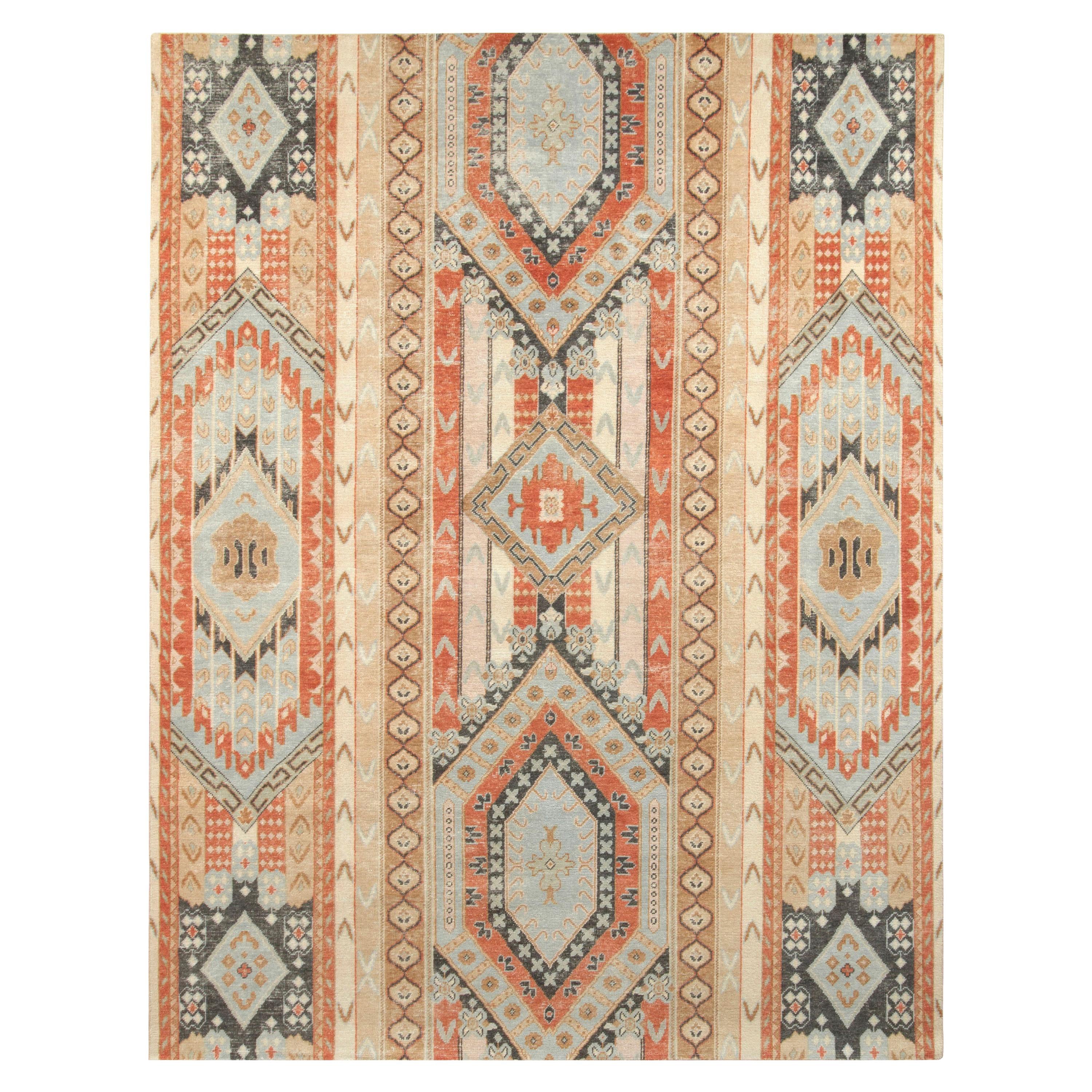 Rug & Kilim’s Distressed Style Rug in Red and Blue Geometric Pattern For Sale