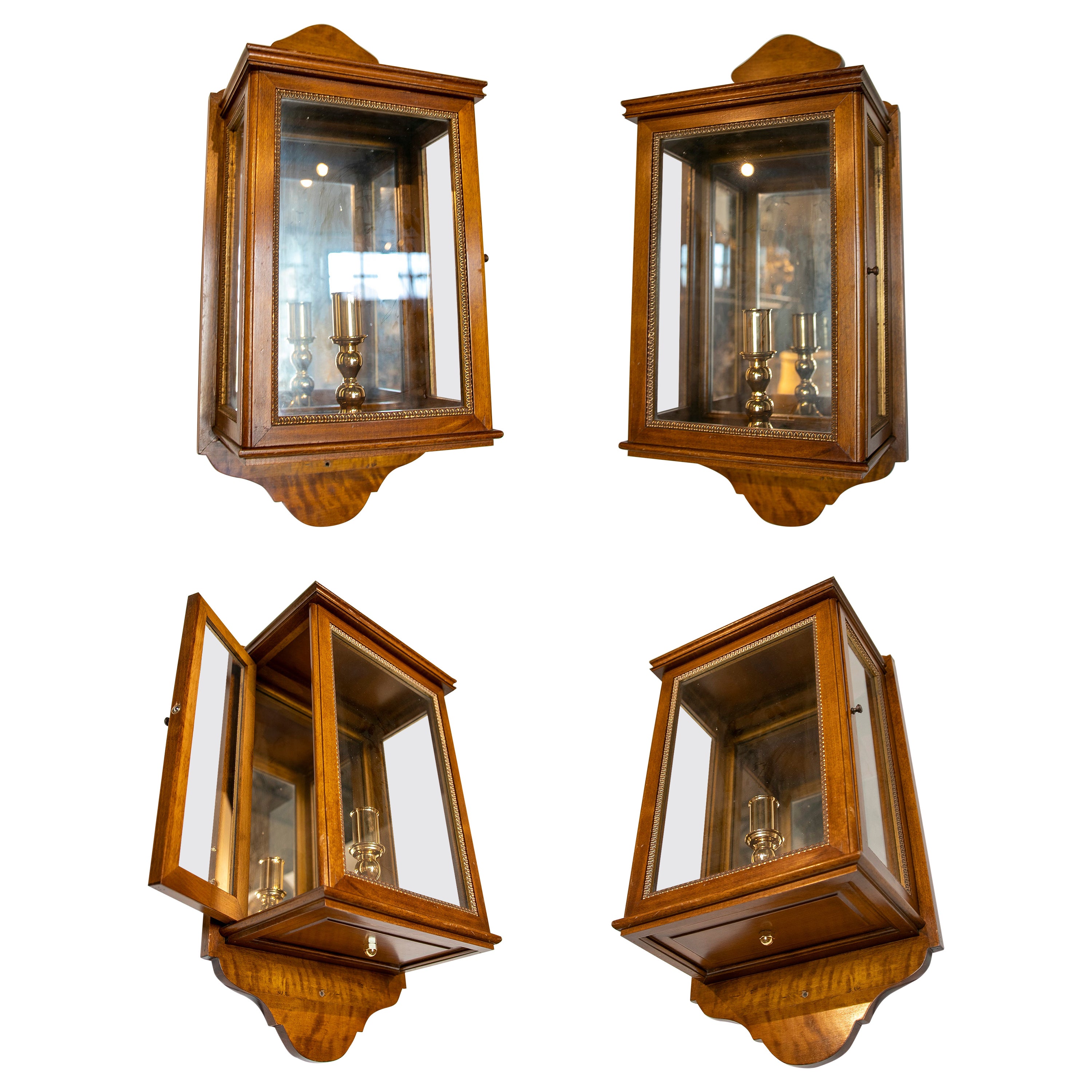 1980s Set of Four Wooden Wall Lanterns with Bronze Decoration For Sale