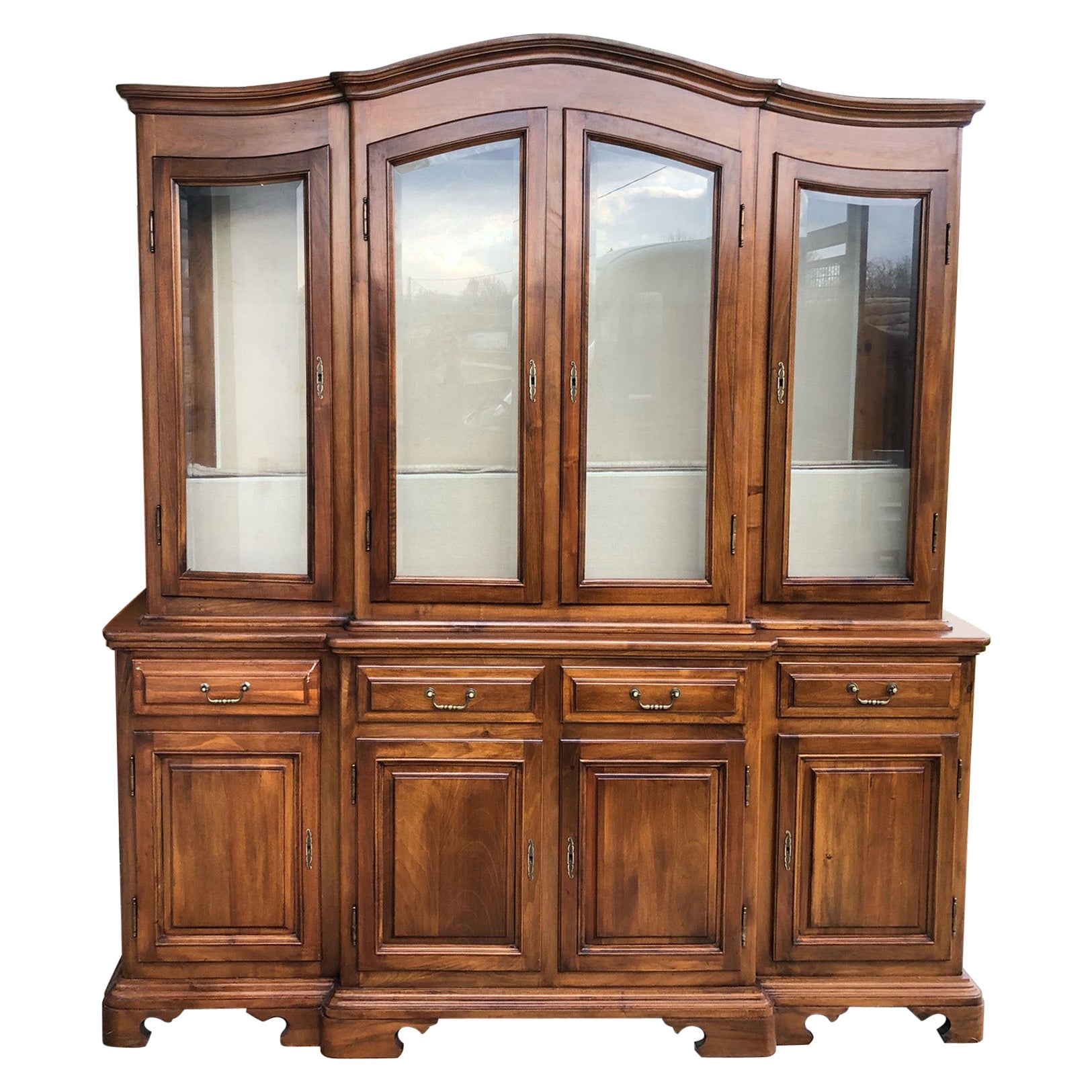 Italian Bookcase Showcase in Solid Walnut, Bevelled Glass and Drawers For Sale