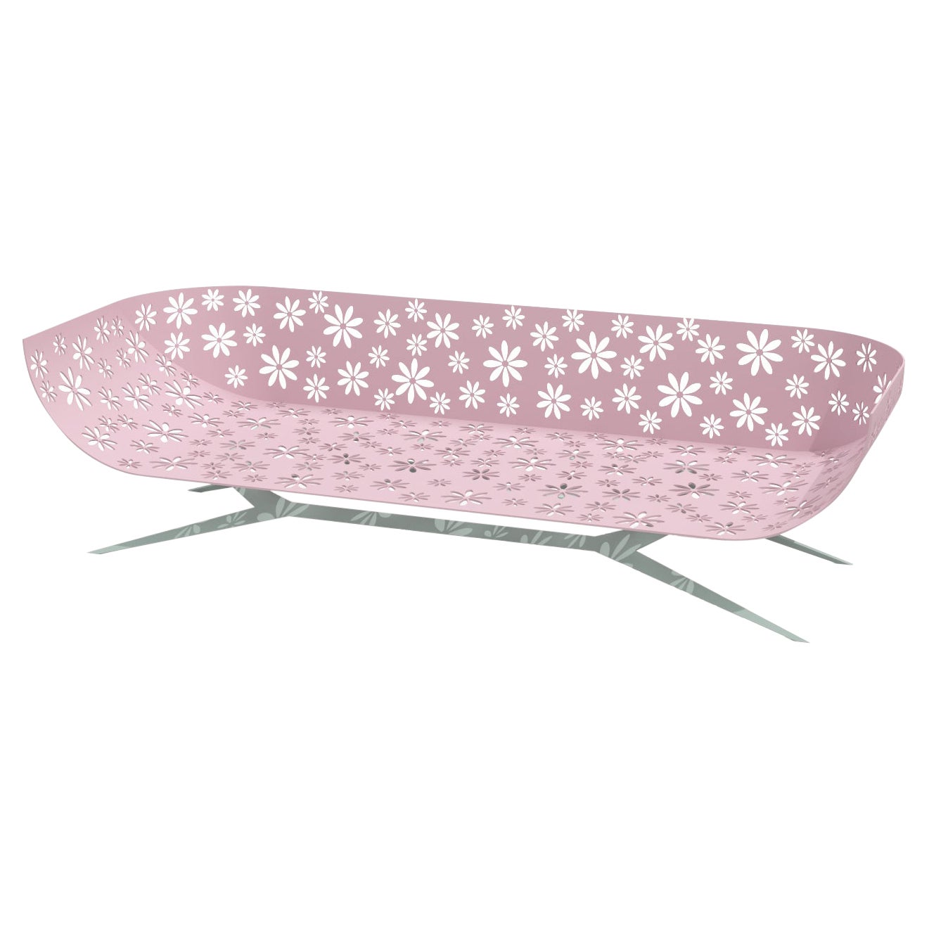 Modern Pink & Green Outdoor Three-Seater Sofa Curved Back with Cutted Flowers